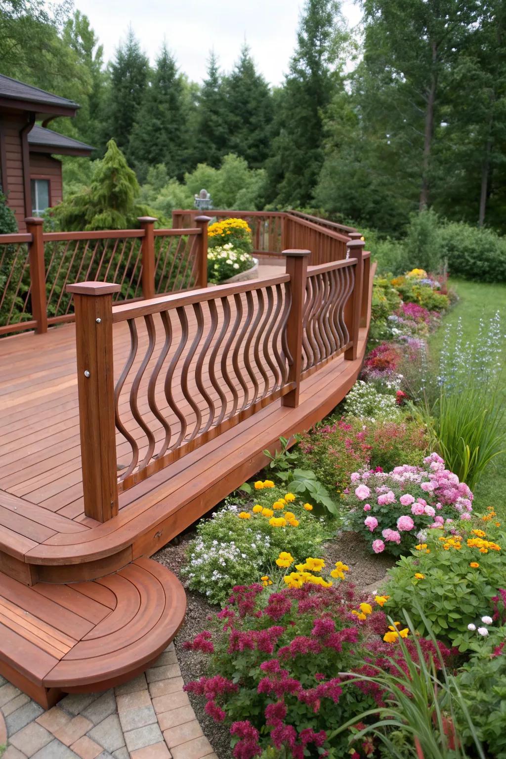 Whimsical waves: wavy pattern railings on a redwood deck.