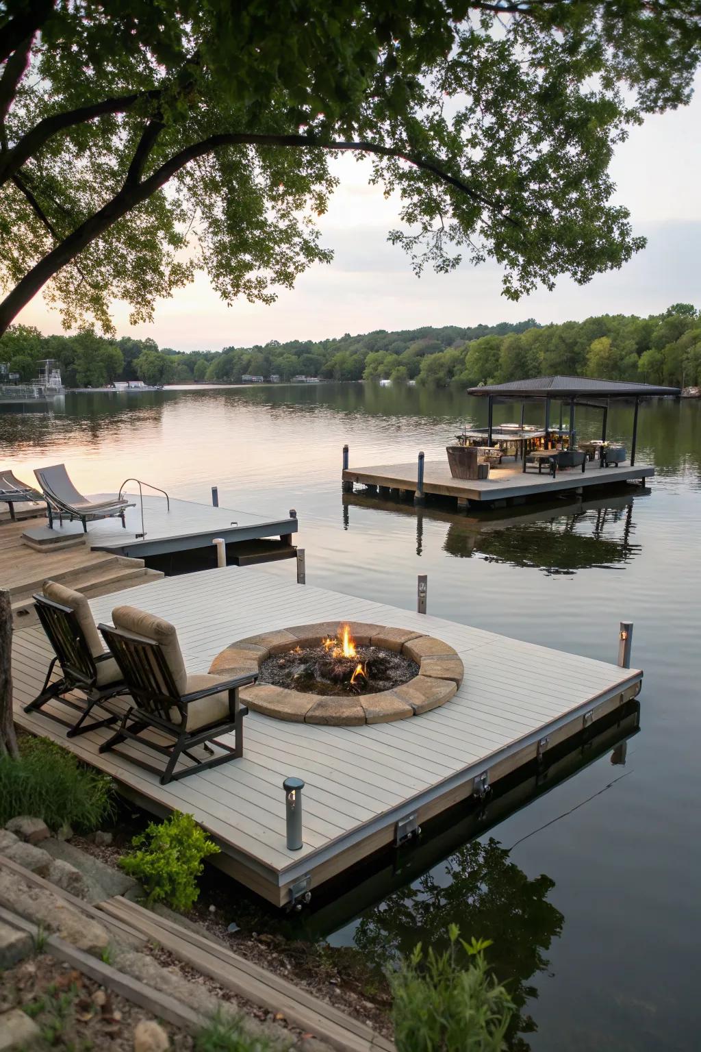 A cozy fire pit area on a residential lake dock, perfect for evening gatherings.