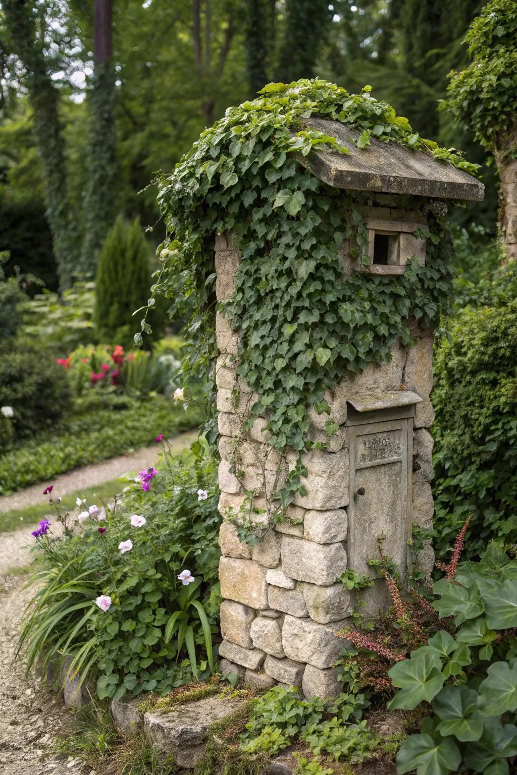 Garden integration adds a natural touch to this stone mailbox.