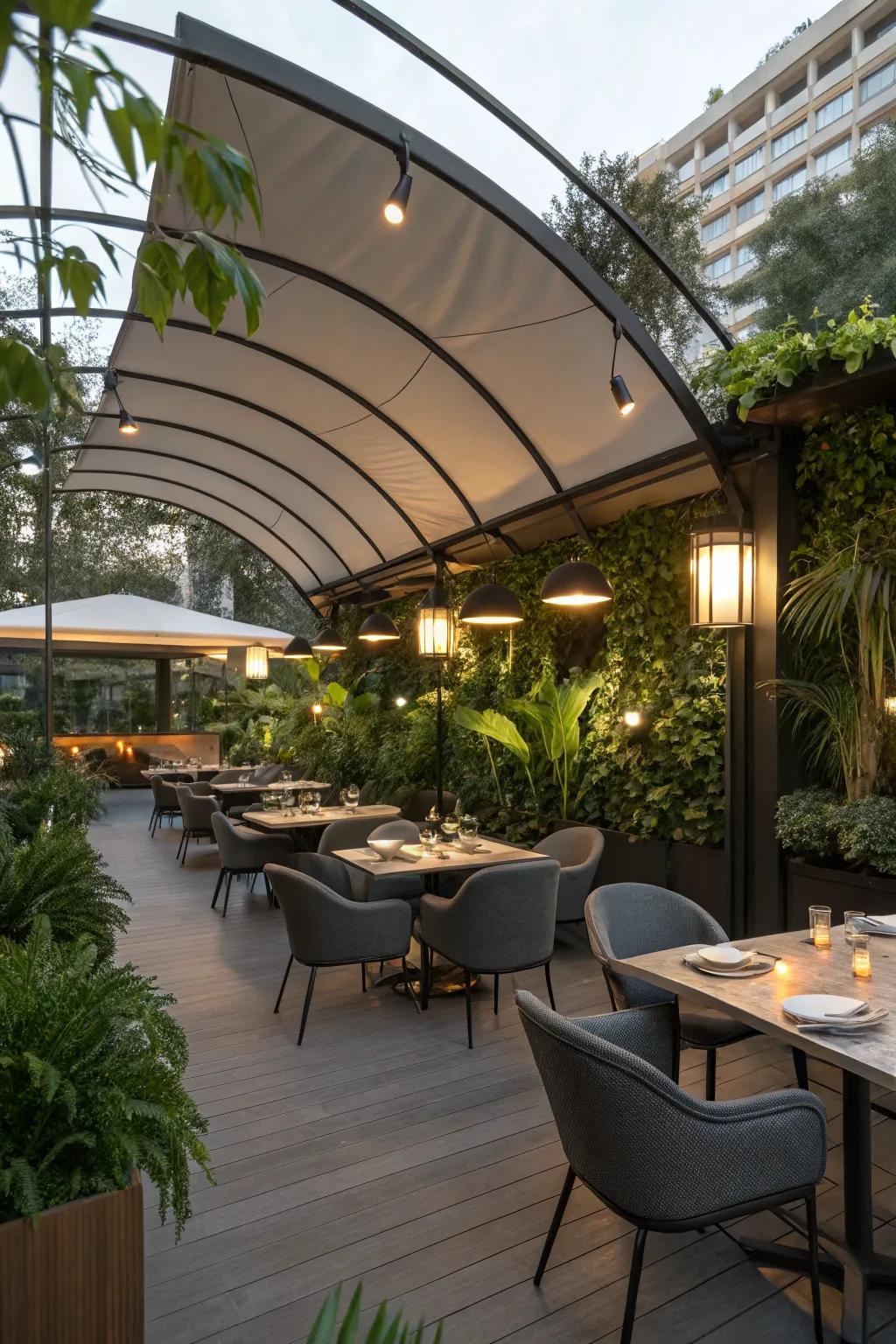 A stylish patio featuring a unique curved canopy.