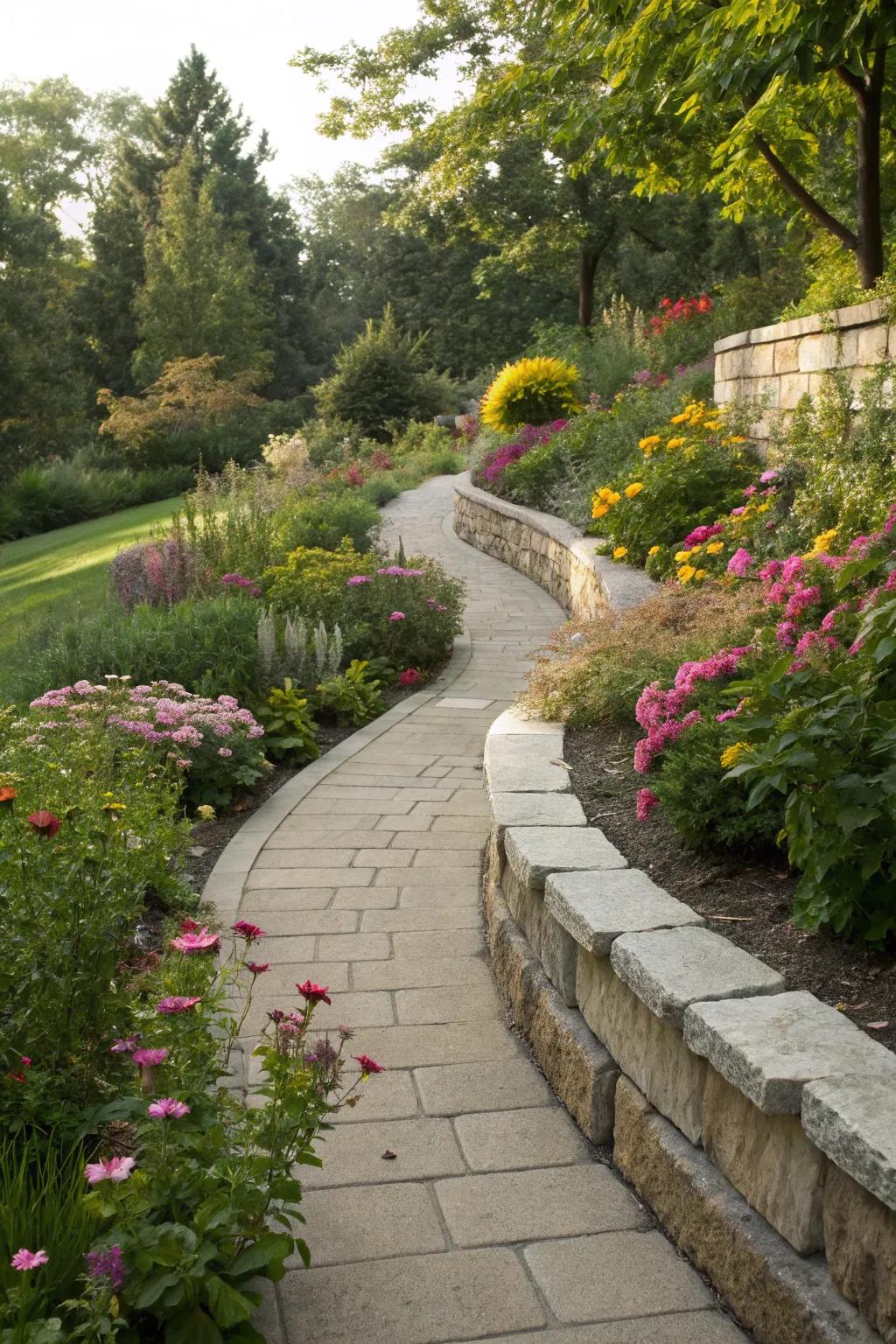 Functional pathways made from retaining wall caps add a unique touch.