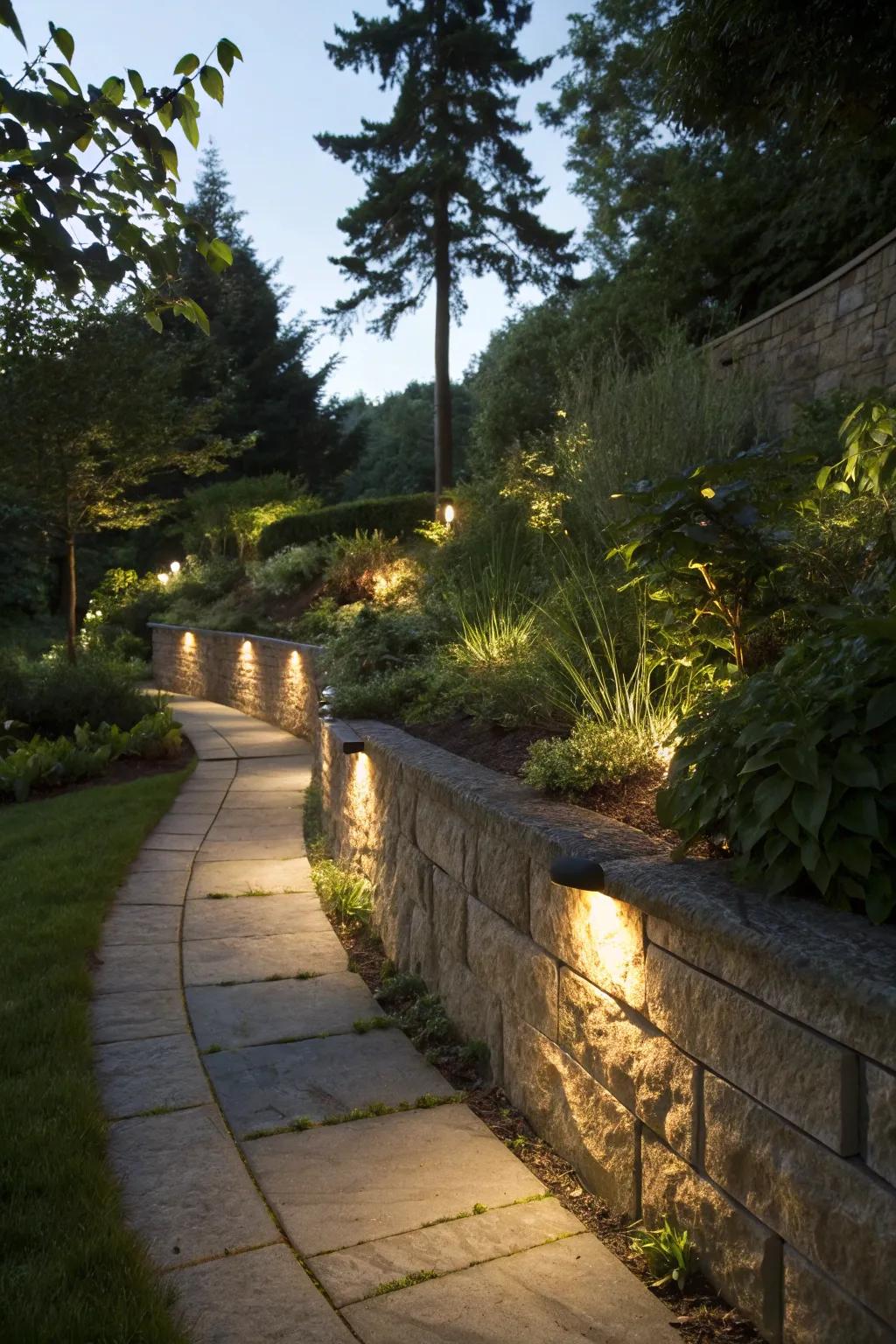 Lighting enhances the ambiance and safety of retaining walls.