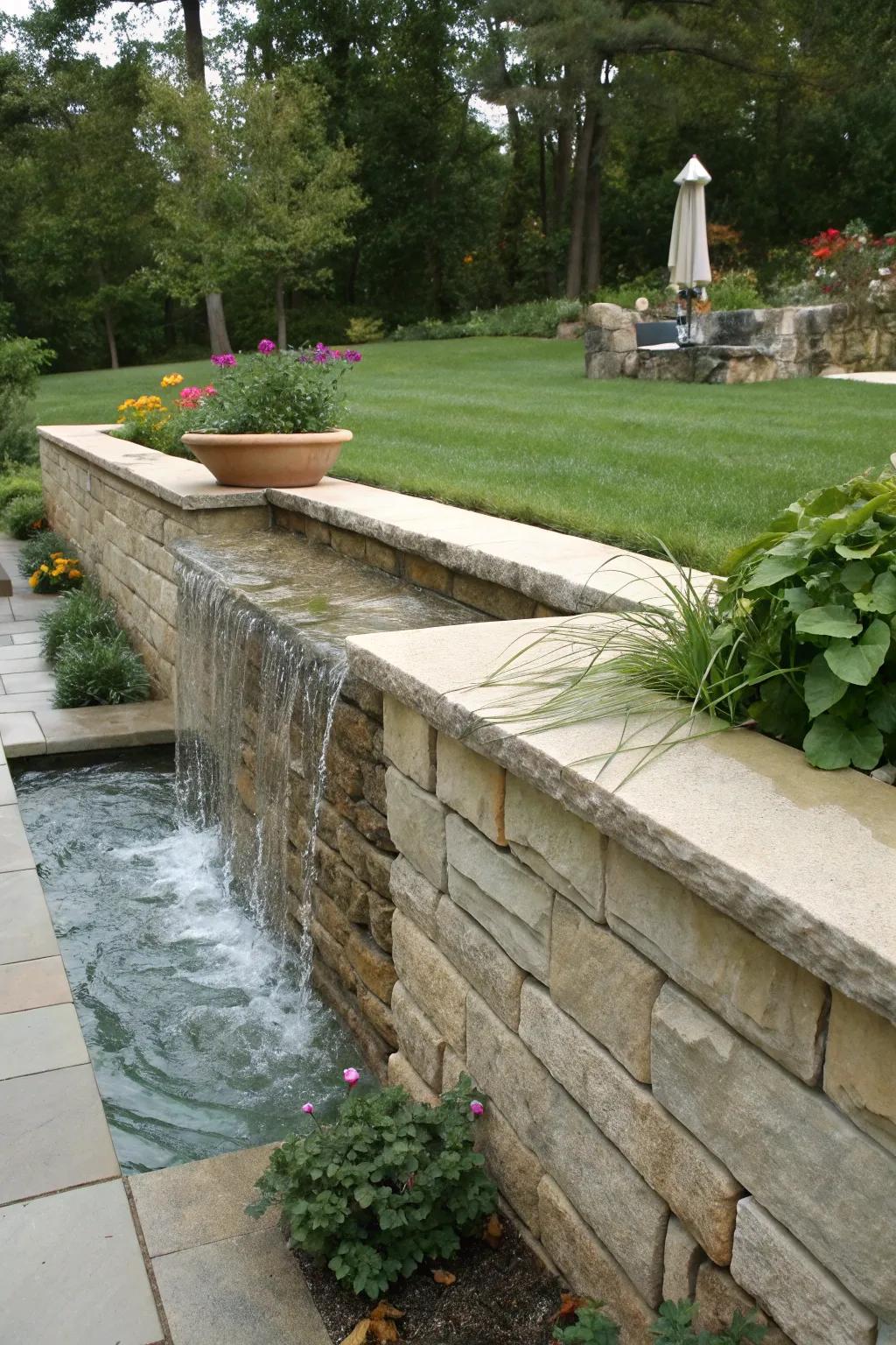 Water features add tranquility to retaining walls.