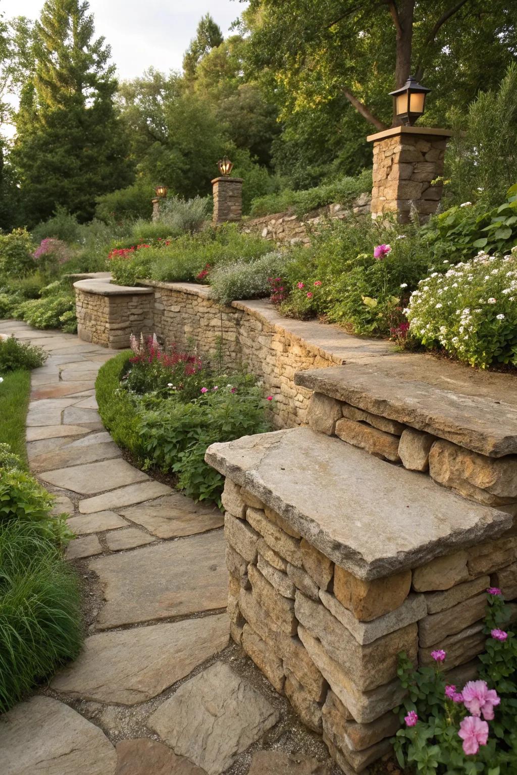 Natural cleft flagstone caps exude rustic charm.