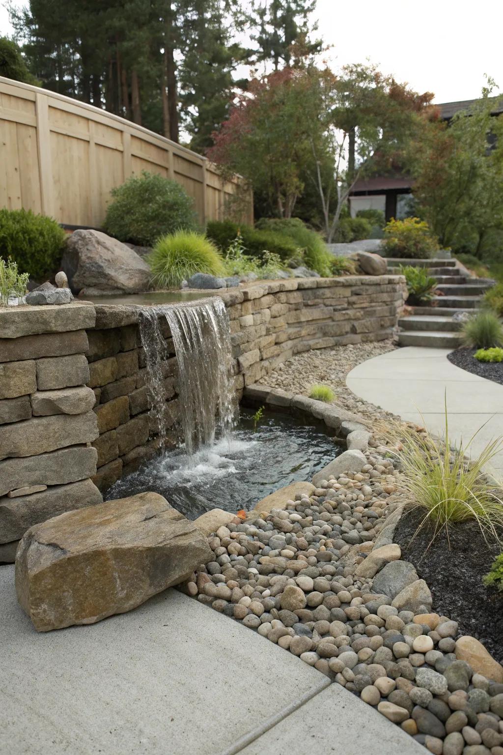 A Zen garden waterfall offers a space for peaceful reflection.