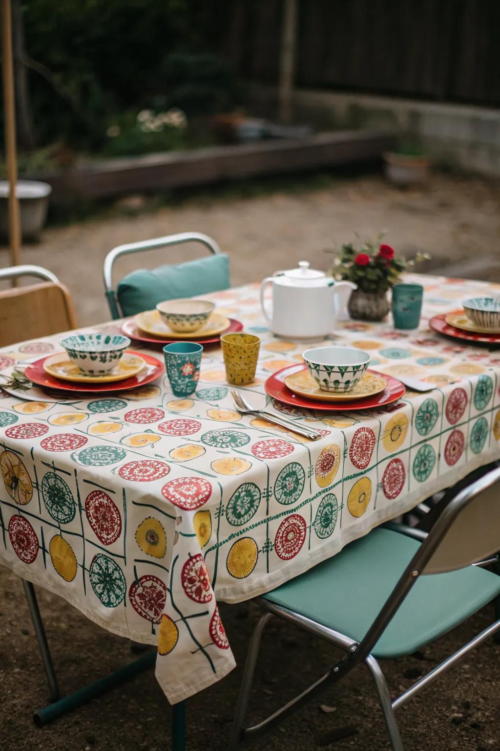 Nostalgic picnic vibes with patterned tablecloths.