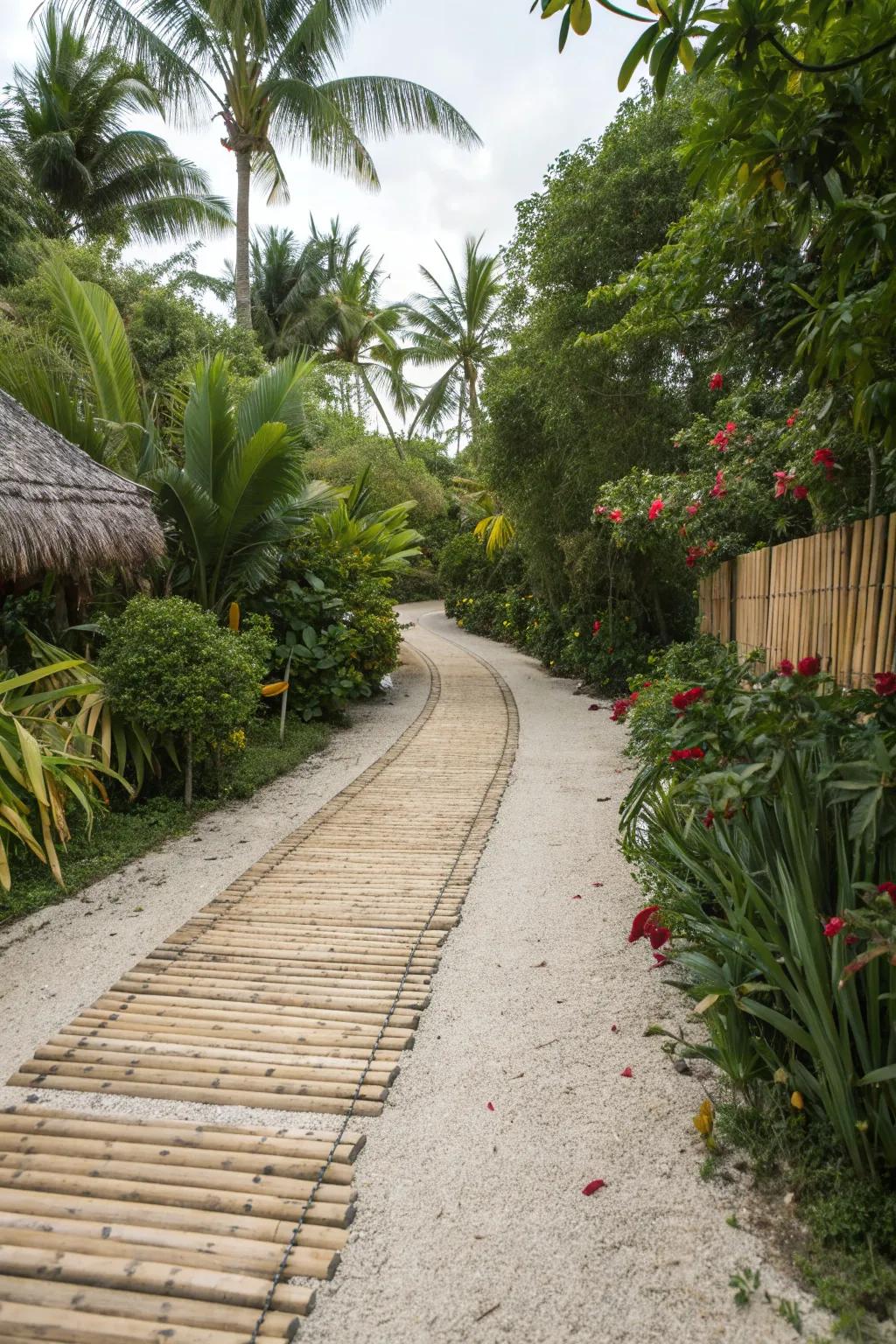 A breezy tropical ribbon driveway with bamboo strips and a sandy gravel path.
