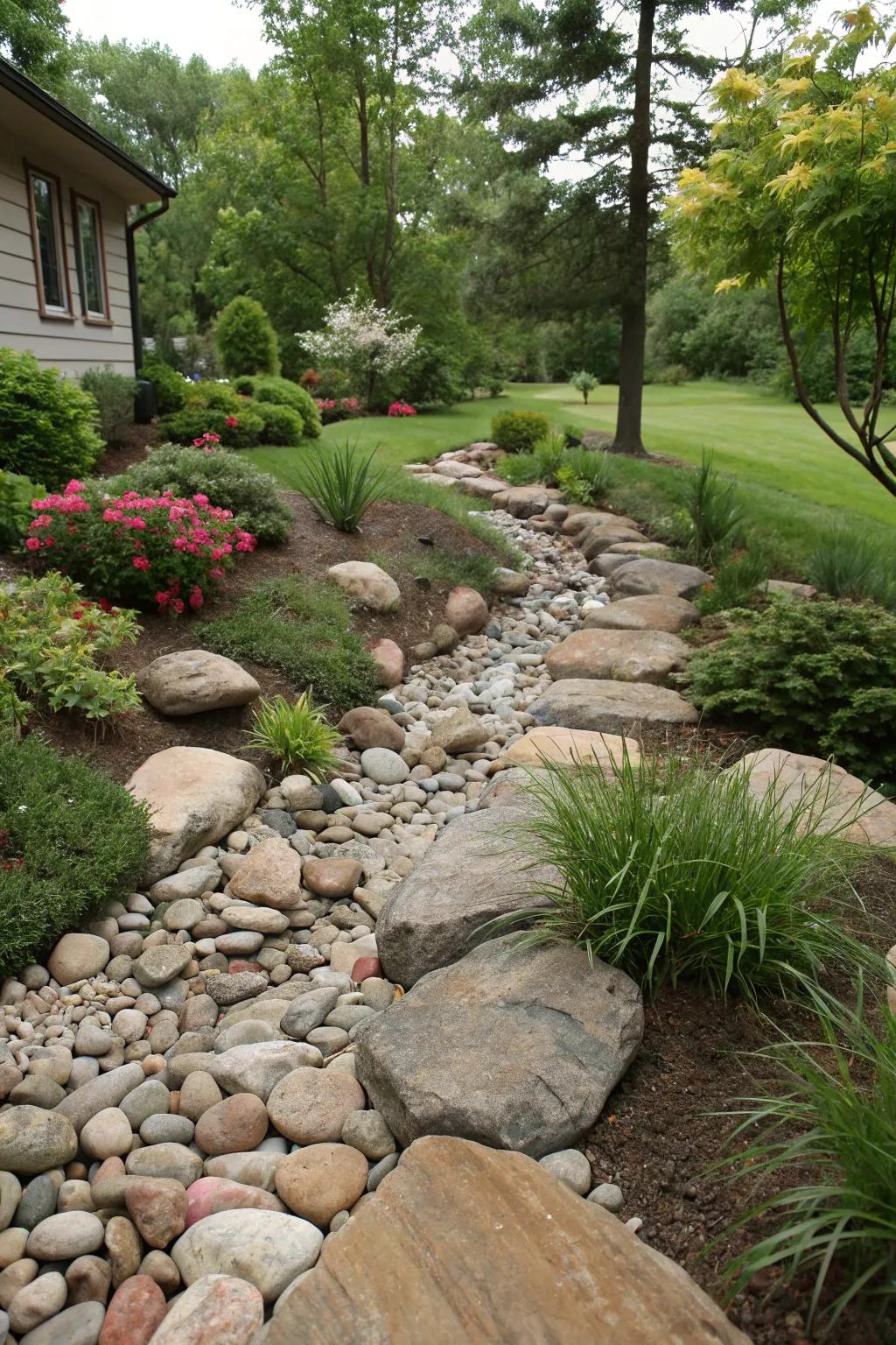 A dry creek bed using riprap stones to manage water and enhance garden aesthetics.