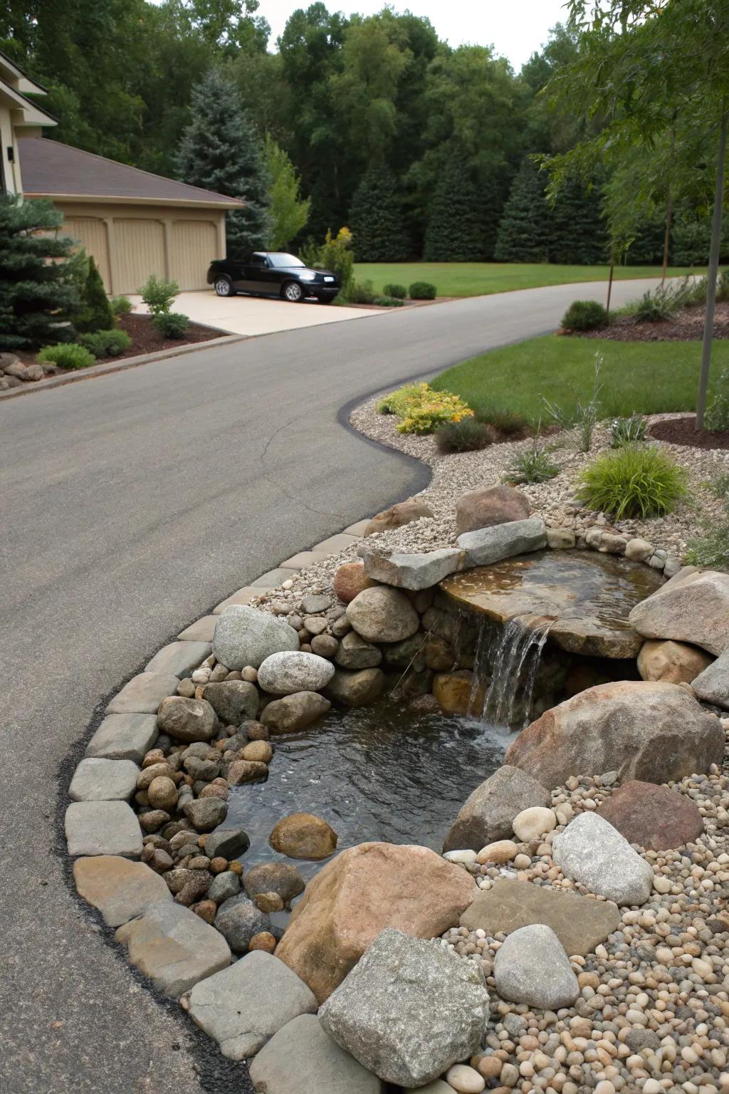 Serene driveway with a river rock-bordered water feature.