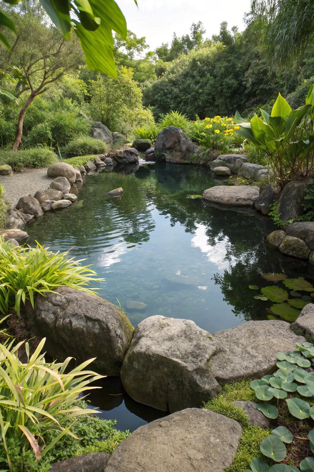 Integrate a pond with rocks for a seamless garden feature.