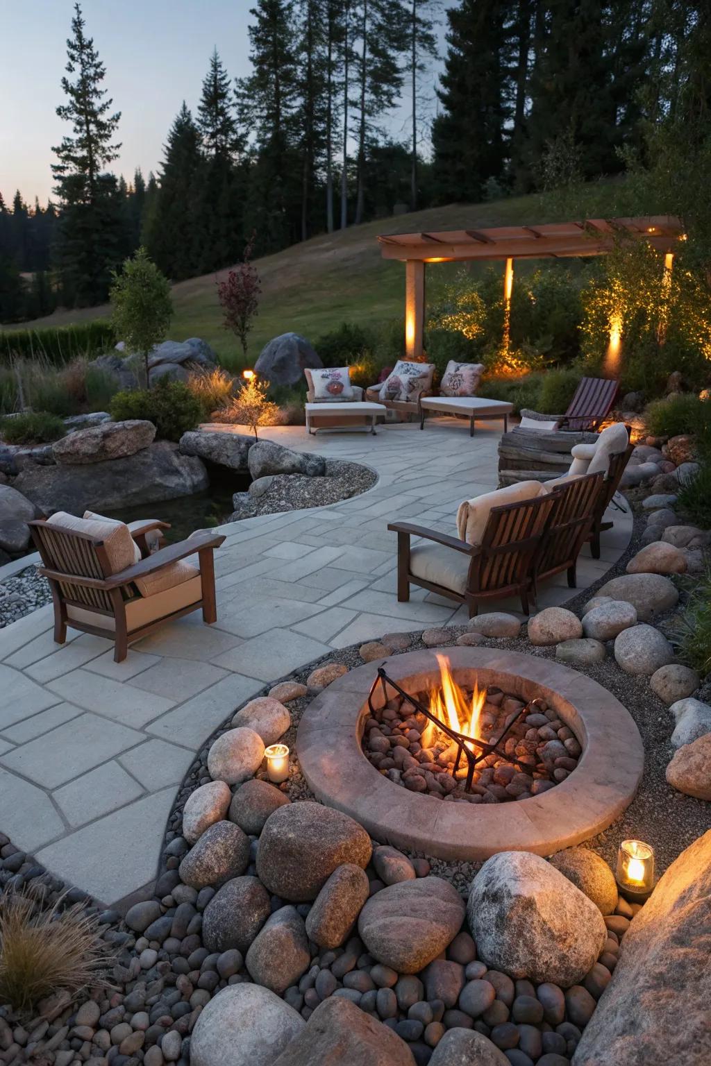 A fire pit creates a warm and inviting atmosphere.