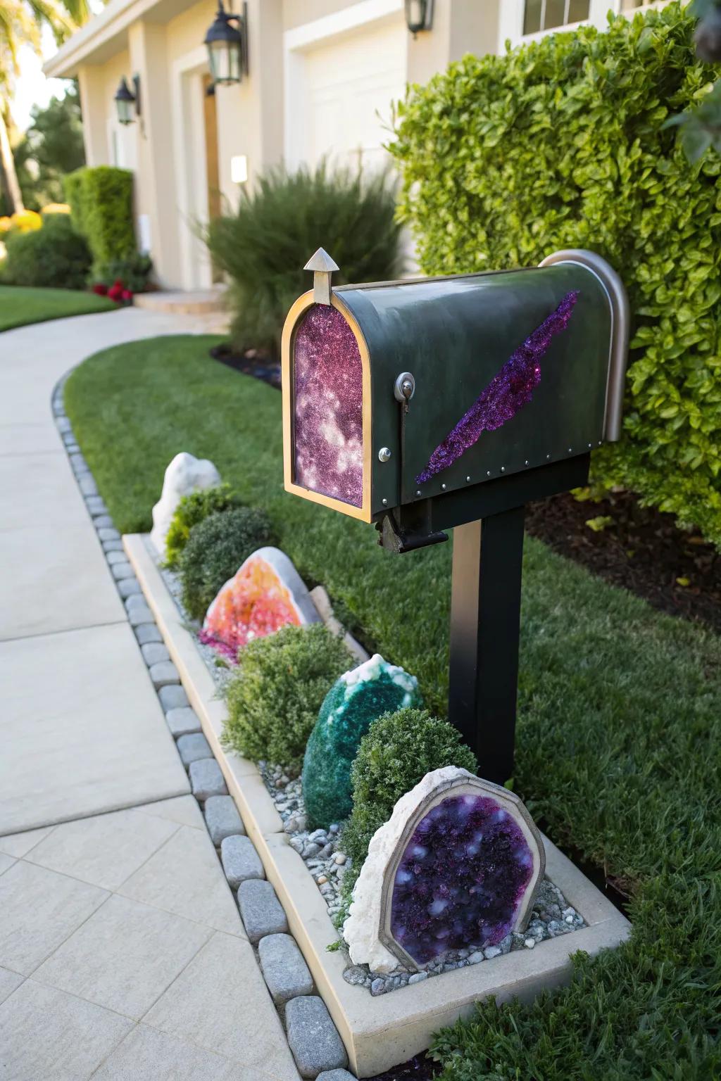 A geode-inspired mailbox that dazzles with its natural beauty and sparkle.