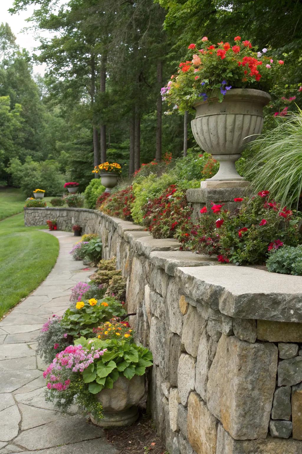 Rock wall planters elevate and enhance garden displays.