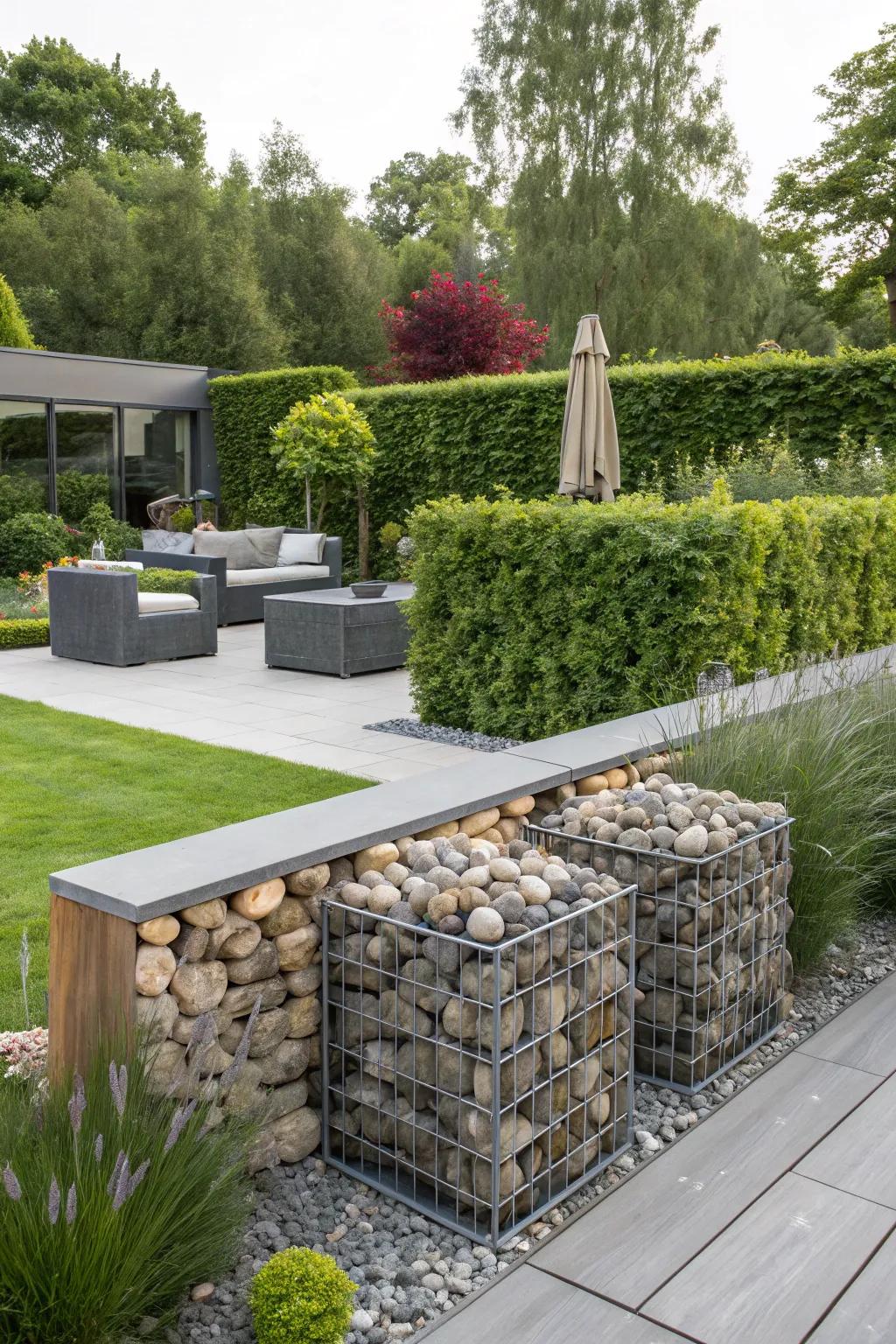 Gabion baskets offer a modern take on rock wall gardens.