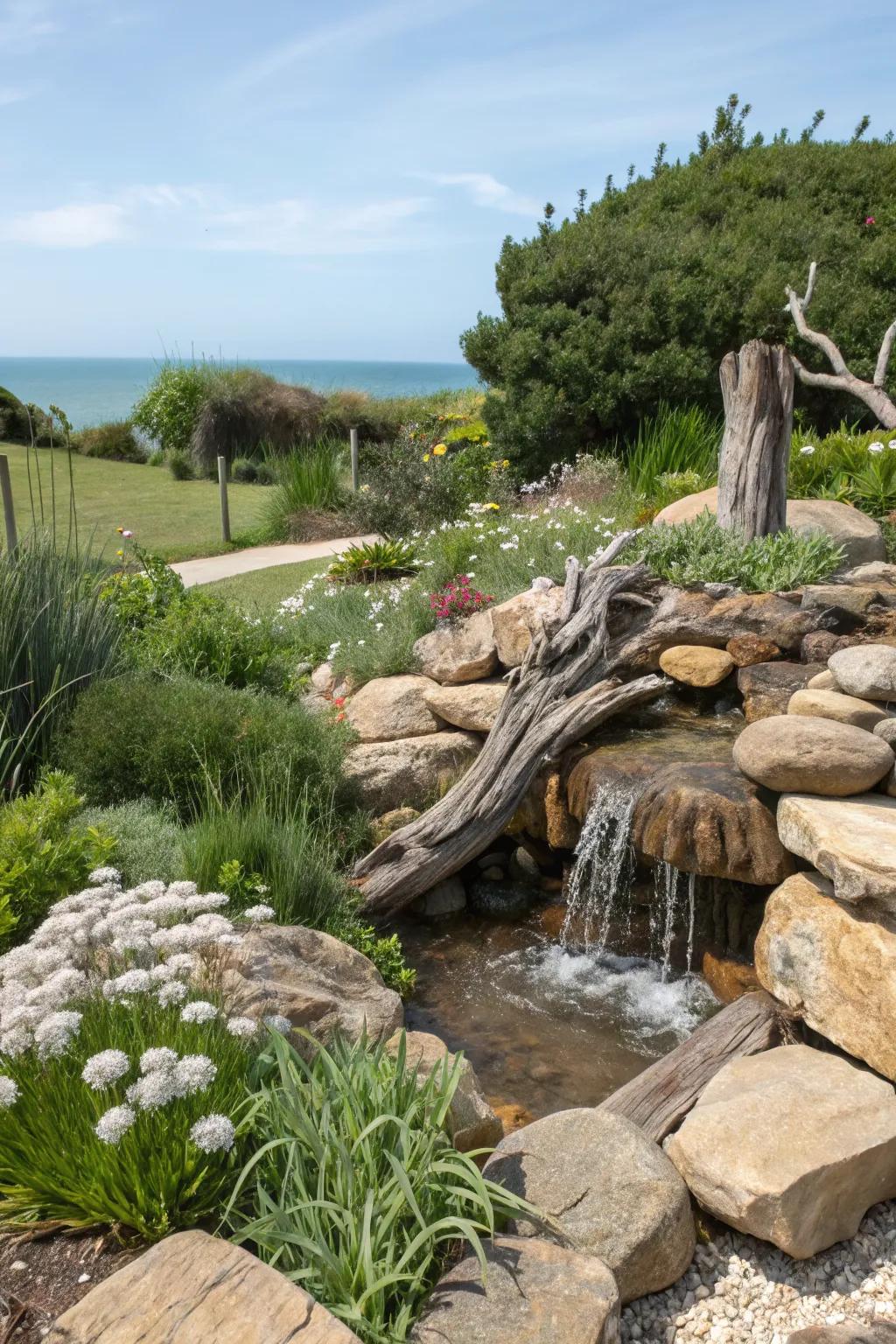 A rock and driftwood combo brings a coastal feel to gardens.