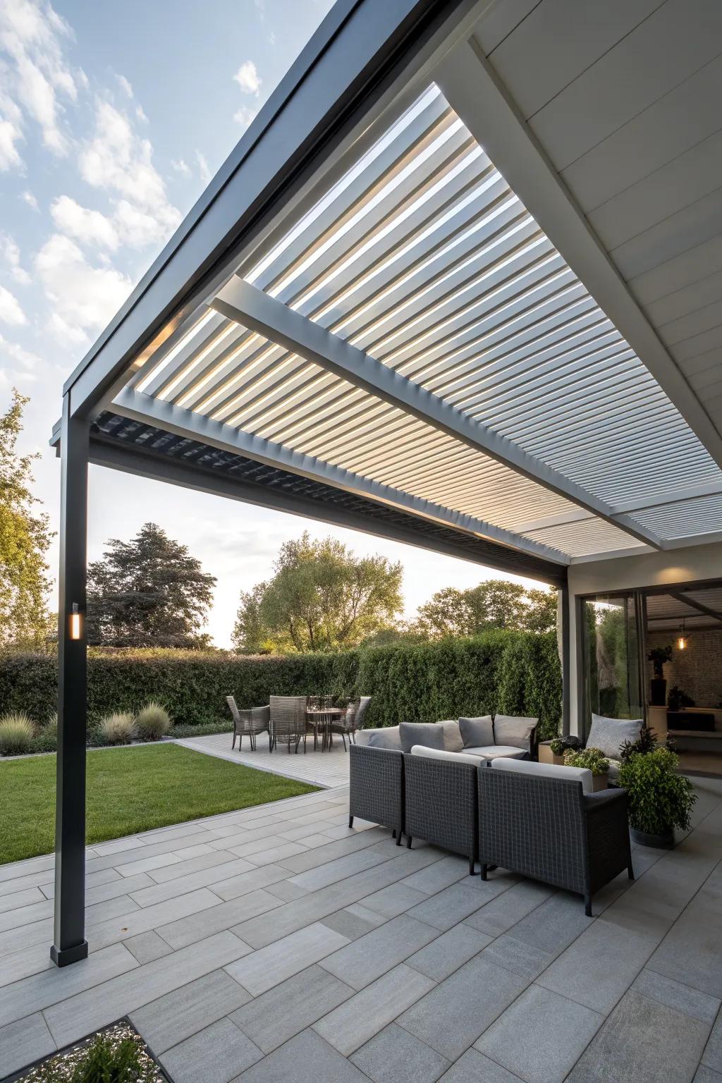 Louvered roofs offer high-tech versatility in sunlight control.