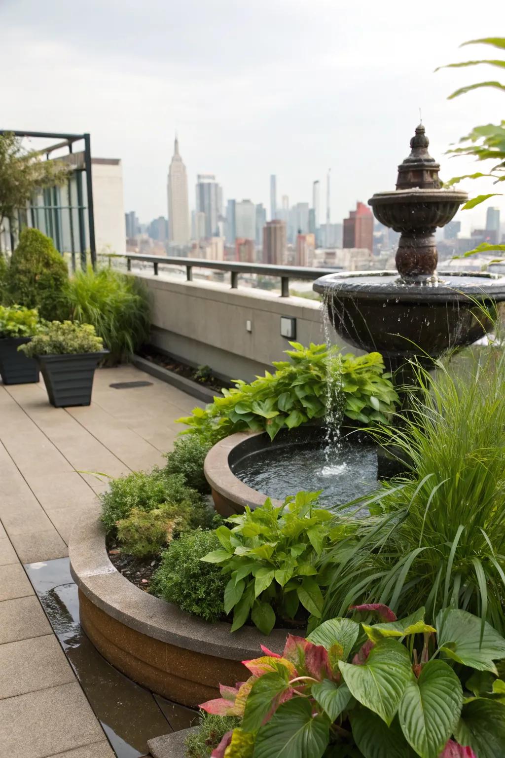 A tranquil water feature enhancing the rooftop's ambiance.