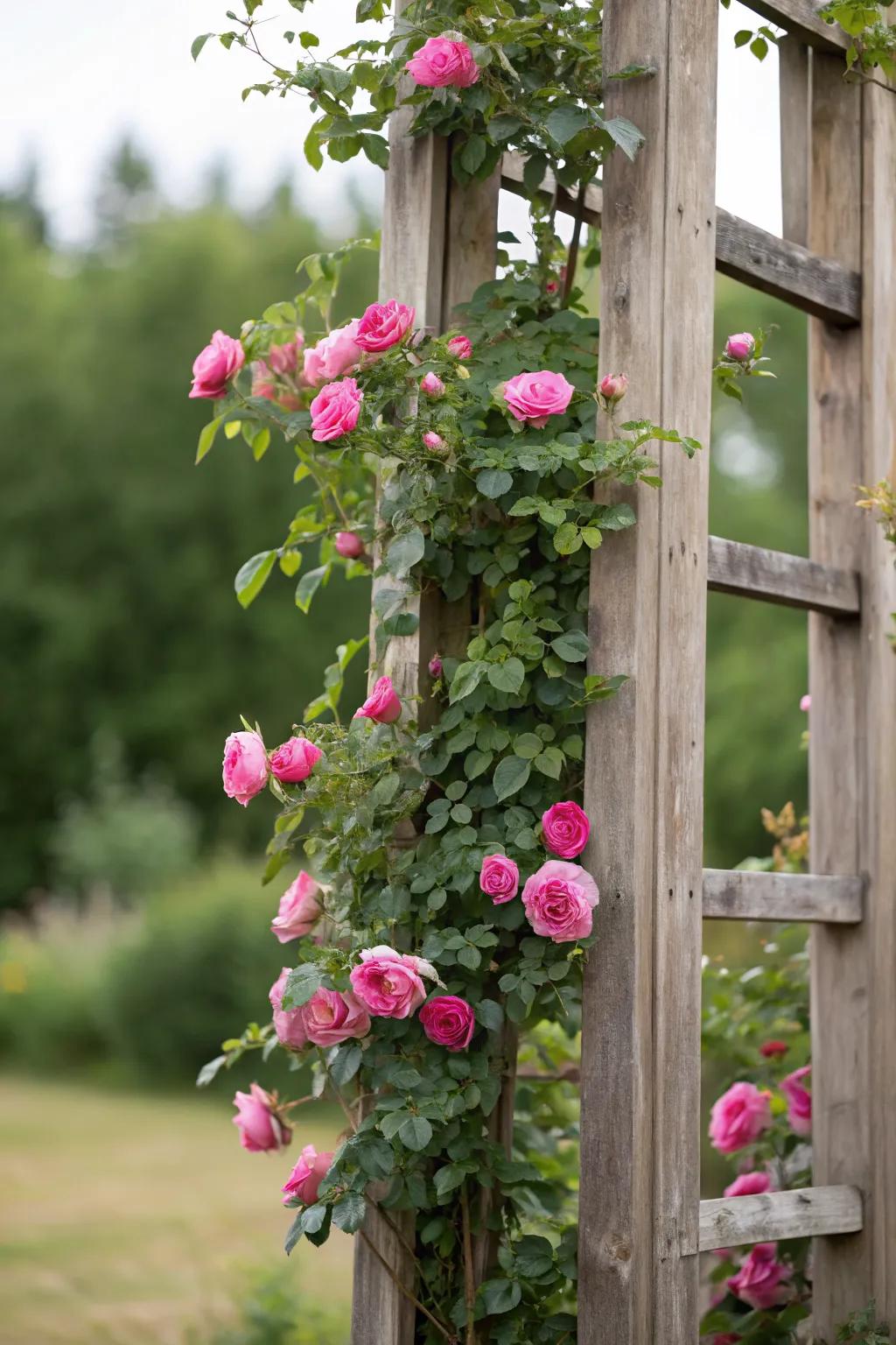 A vertical rose garden adds height and beauty, making use of vertical space.