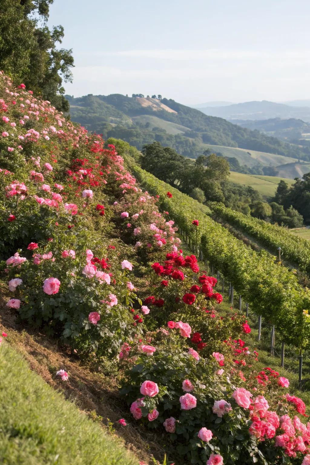 Groundcover roses beautifying and stabilizing a hillside.