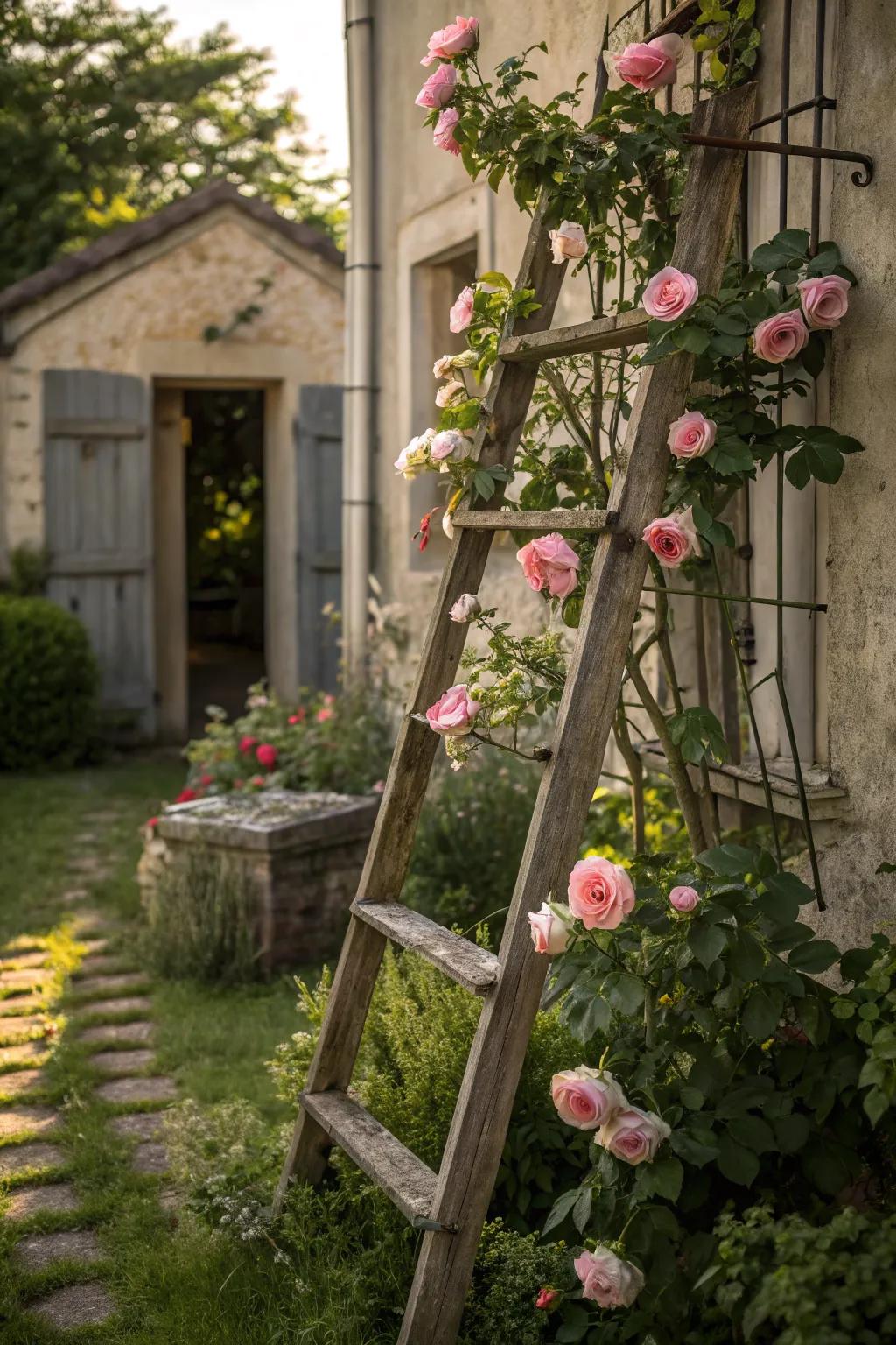 A vintage ladder trellis giving roses a quirky climb.