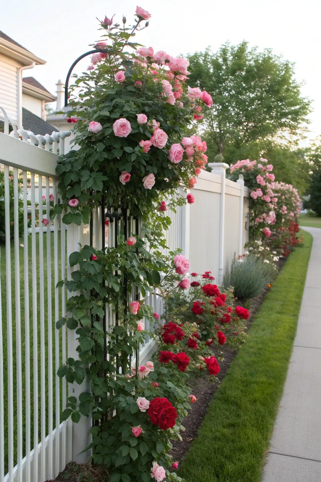A stunning vertical display with climbing roses on a fence.