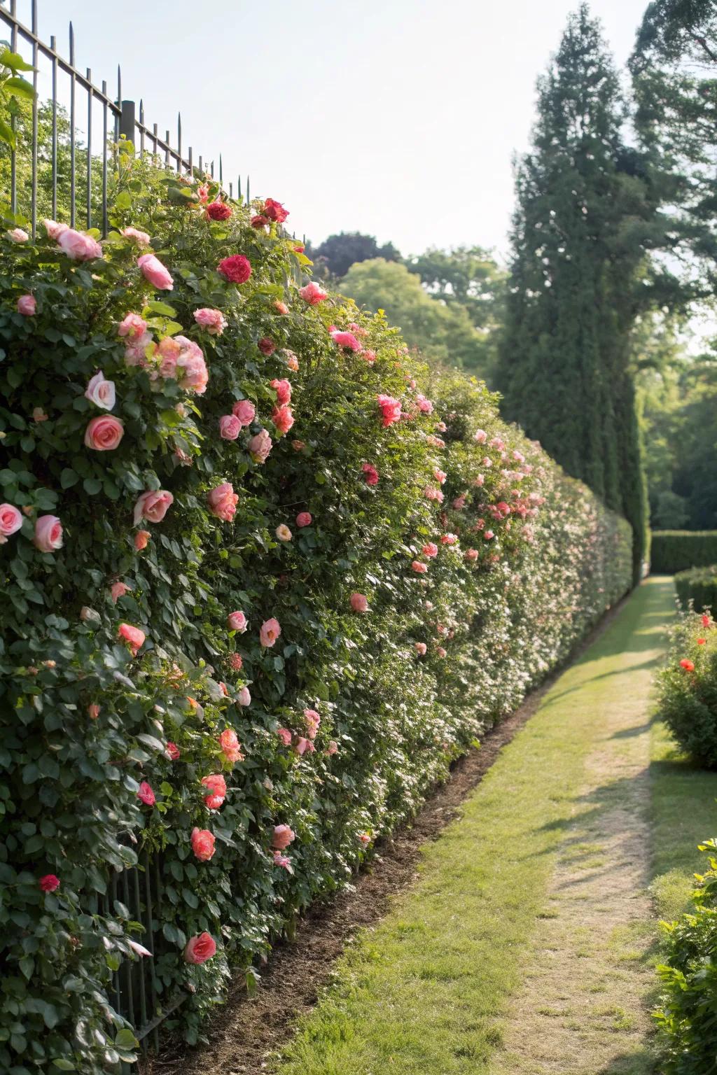 Rose hedges offer both privacy and a captivating garden edge.