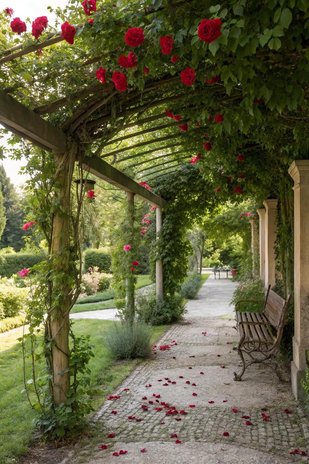 A shaded garden retreat with a rose-covered pergola.