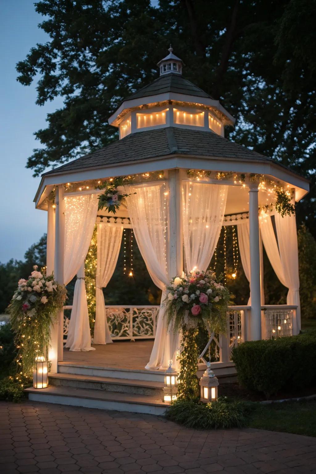 A round gazebo turned into a romantic hideaway.