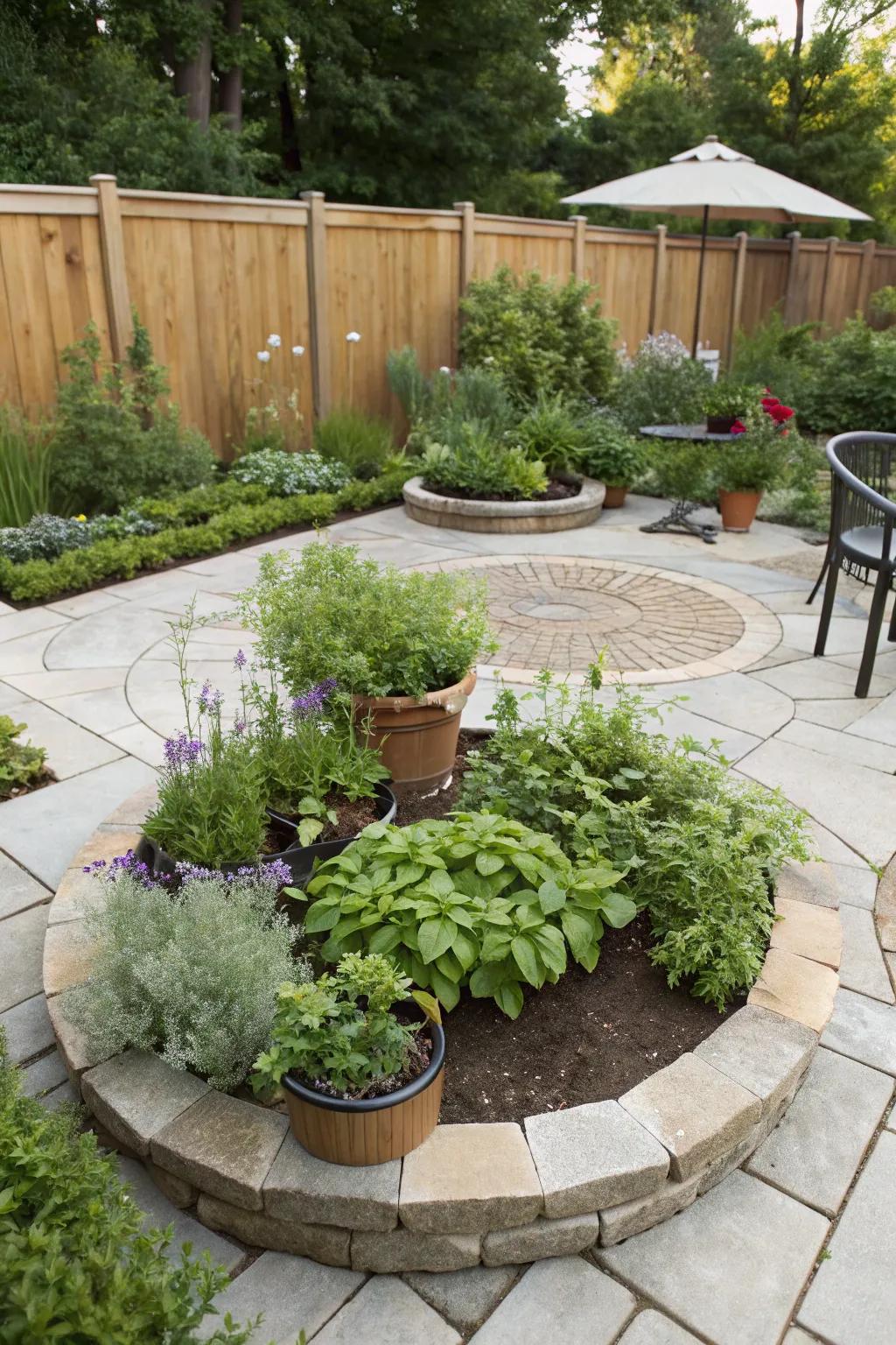 A round patio with a central herb garden, combining beauty and utility.