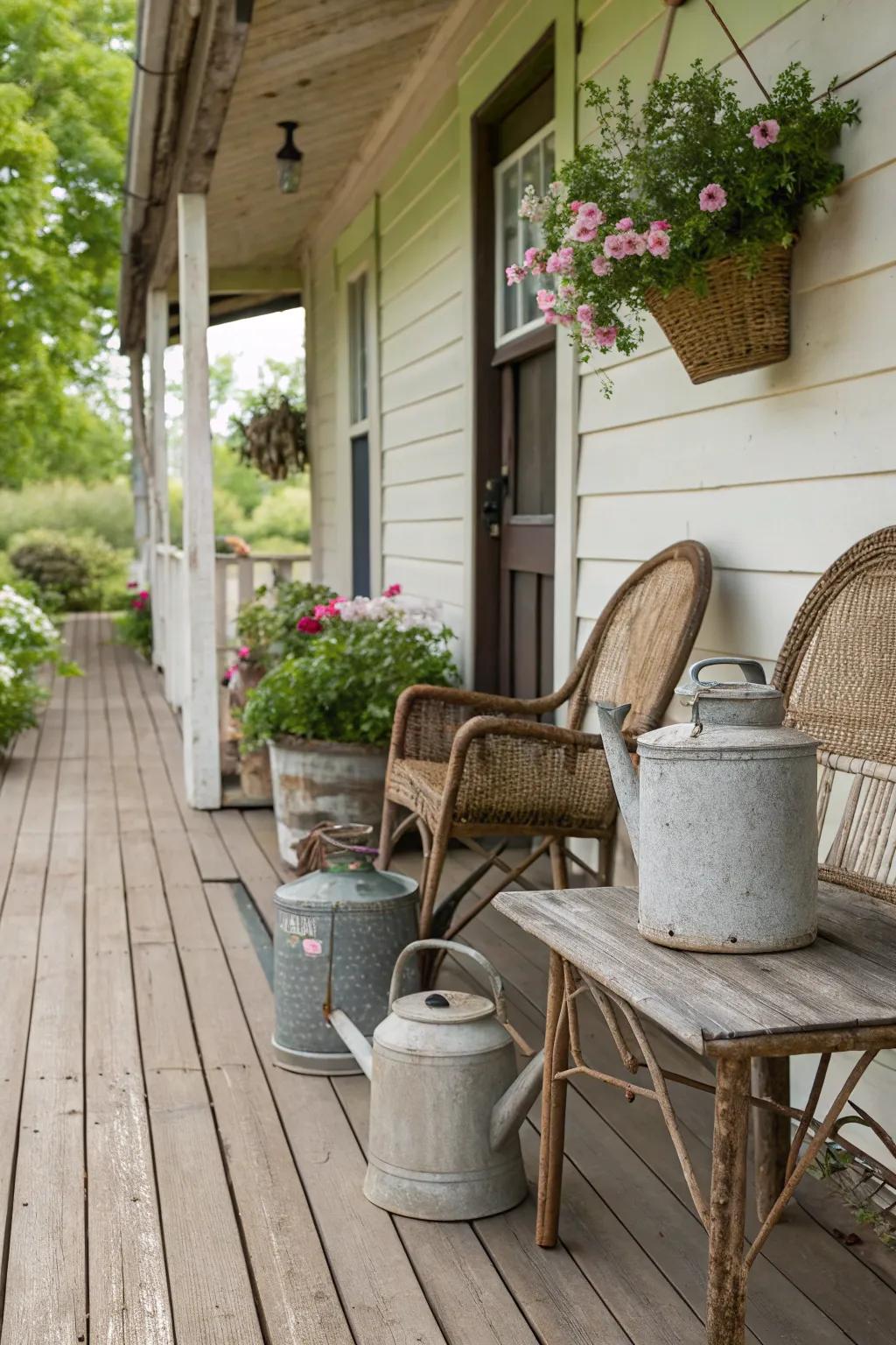 Vintage finds add historical charm to your rustic porch.