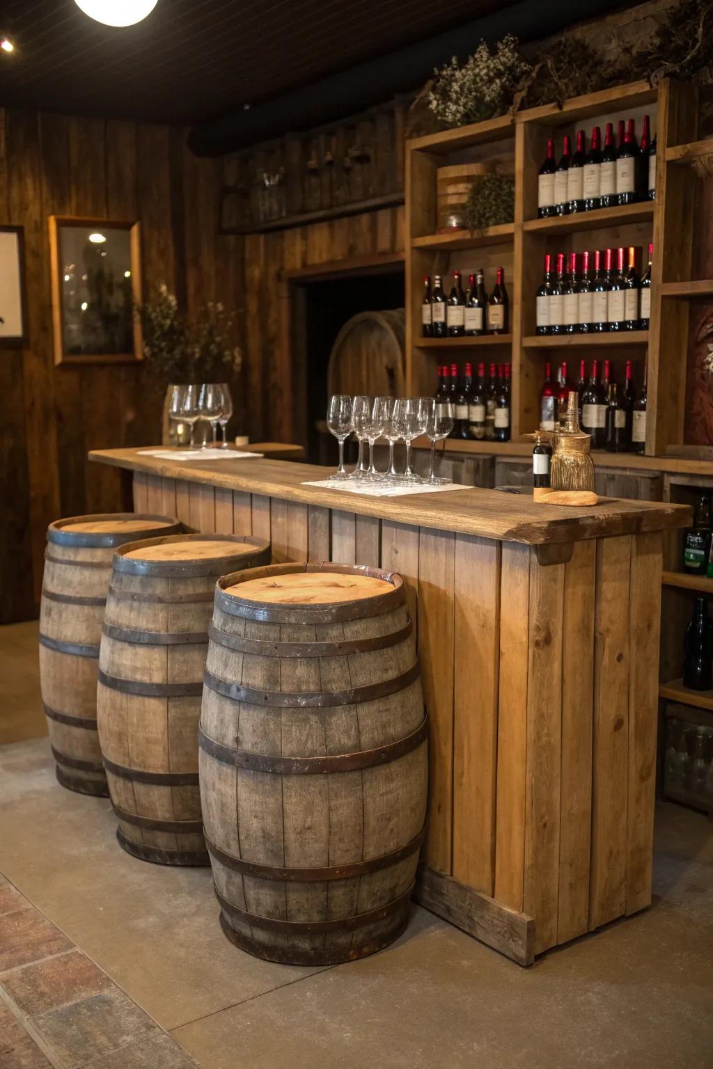 A rustic barrel bar setup at a backyard wedding.