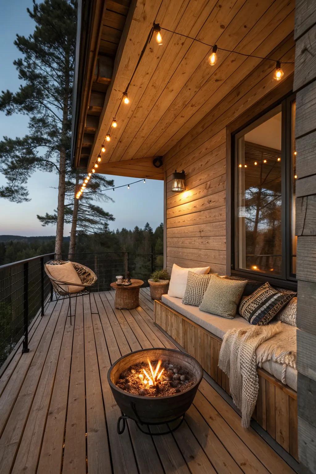 A rustic balcony featuring a small fire pit for cozy gatherings.