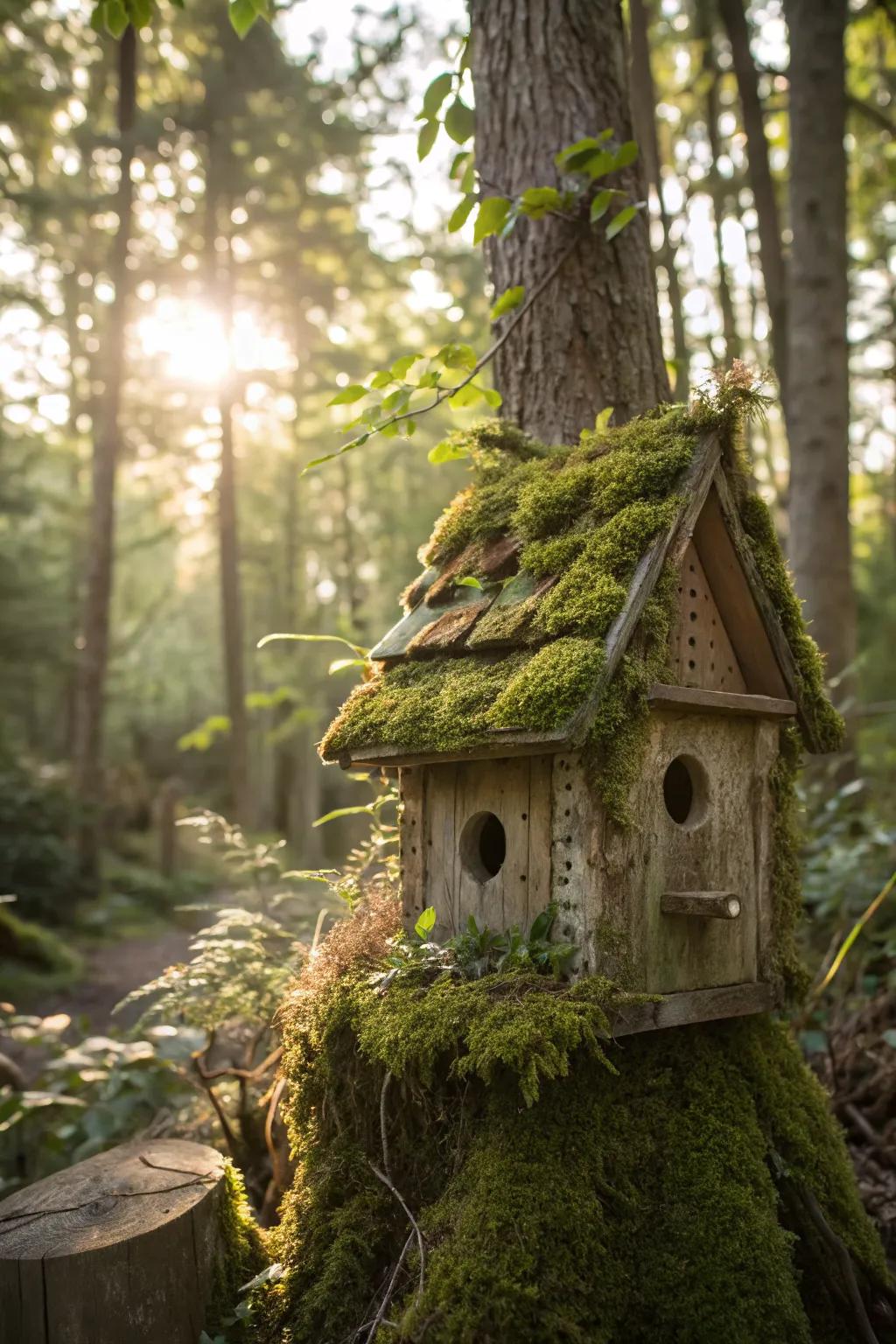 A moss-covered birdhouse, adding a touch of enchantment to the garden.
