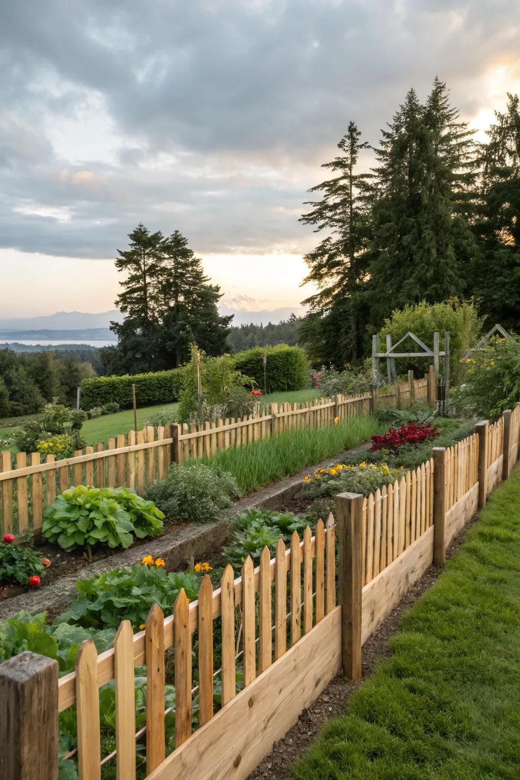 Cedar borders protecting a lush vegetable garden.