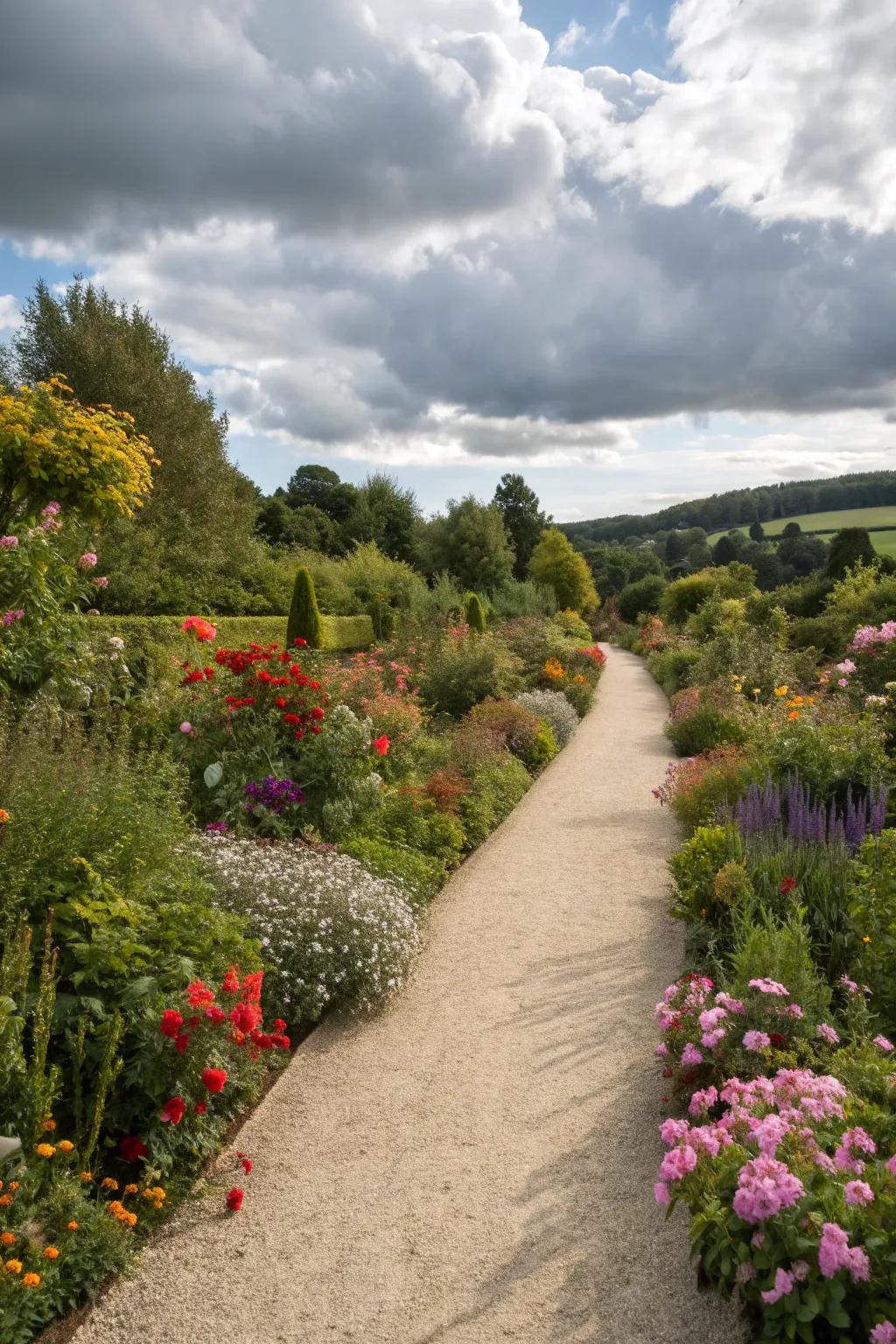 Meandering pea gravel path in a garden