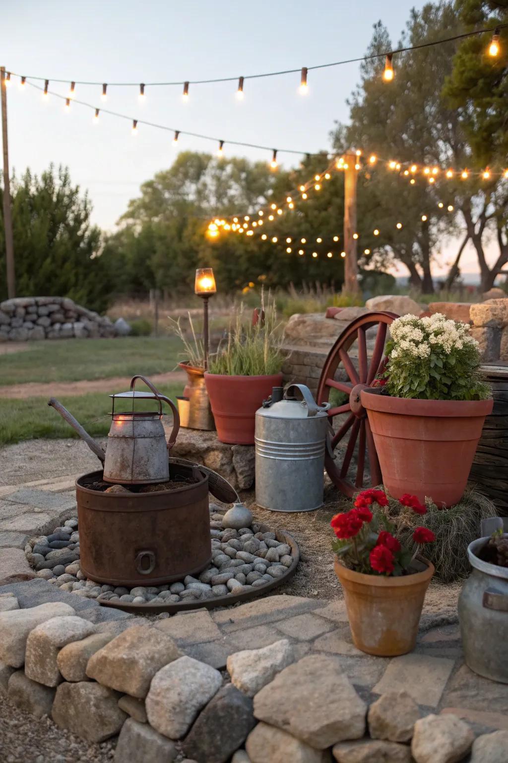 Rustic decor elements add charm and personalization to a fire pit area.
