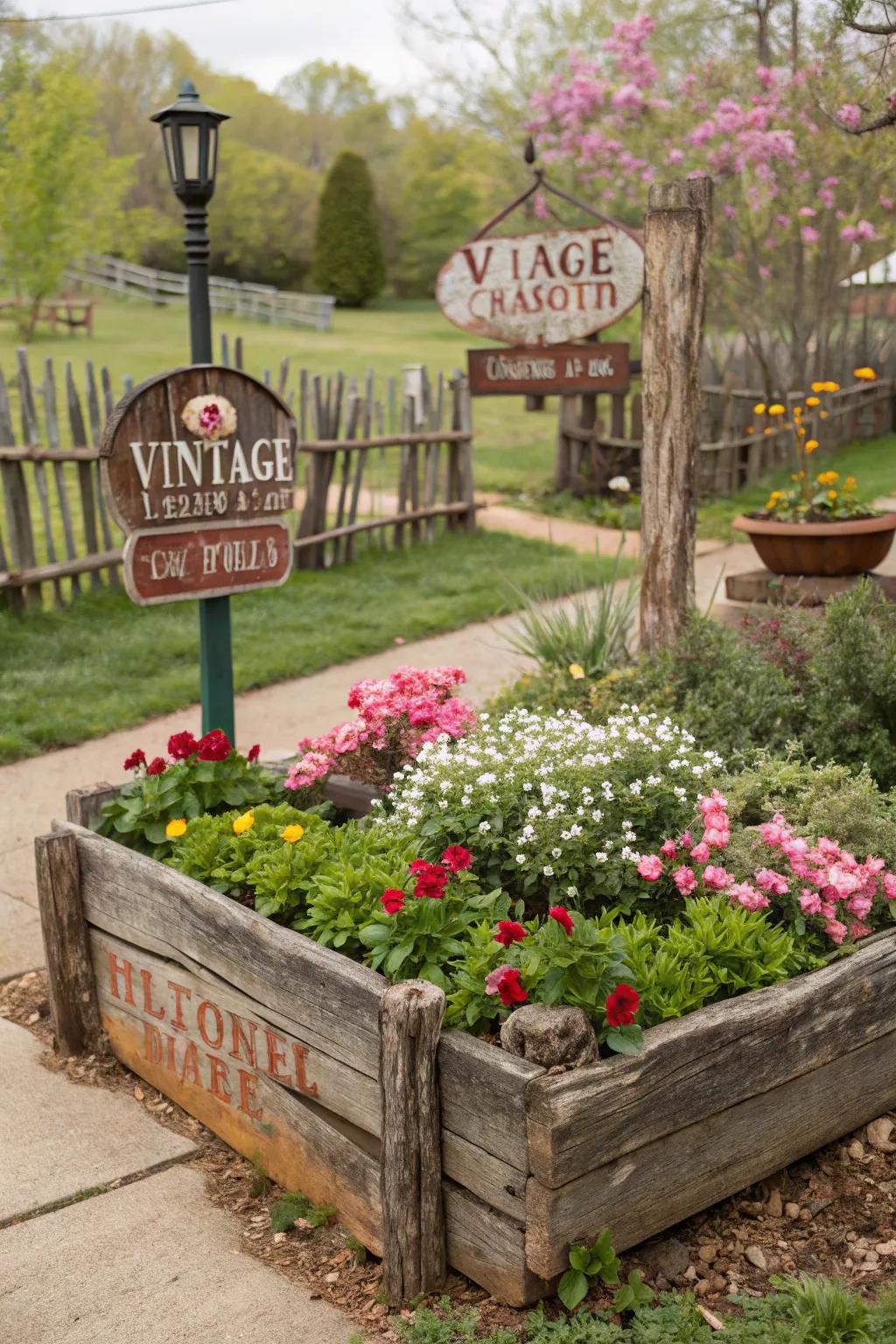 Vintage signs add character and nostalgia to this rustic flower bed.