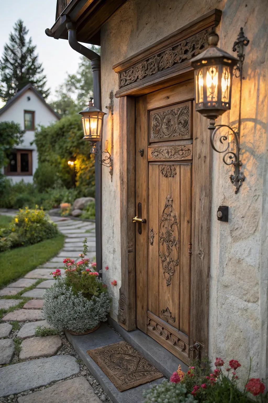 Lantern lights create a warm, inviting entrance.