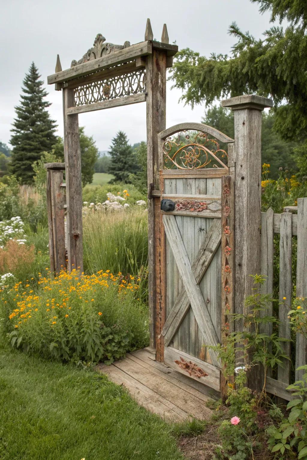 A garden gate crafted from reclaimed barn wood.