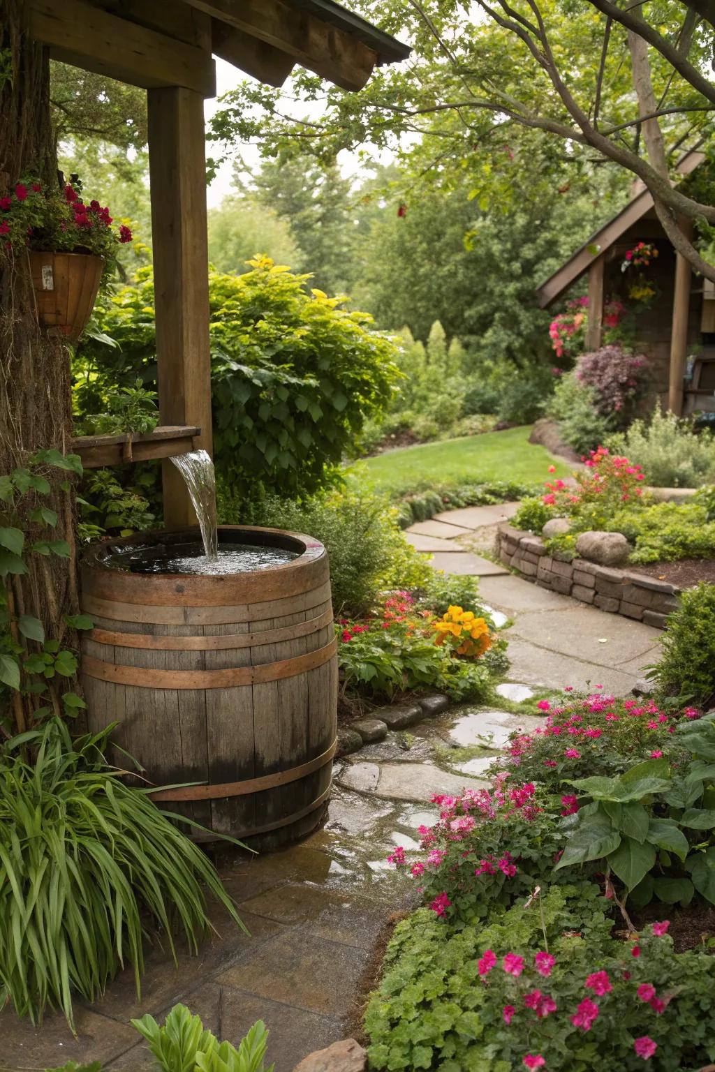 A barrel water feature adds tranquility and charm.