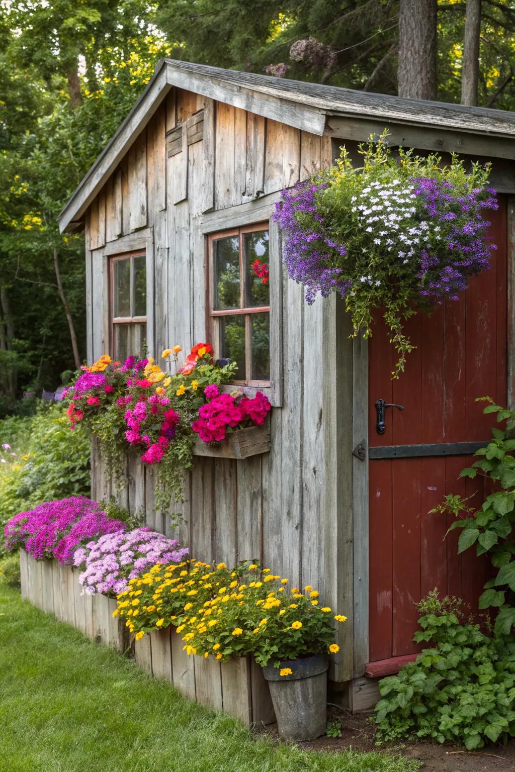 Vibrant window boxes add color and charm to this rustic shed.