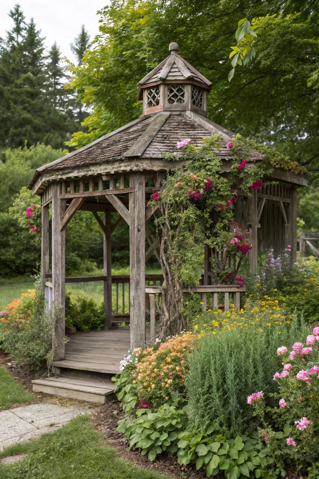 A rustic gazebo crafted from character-rich reclaimed wood.