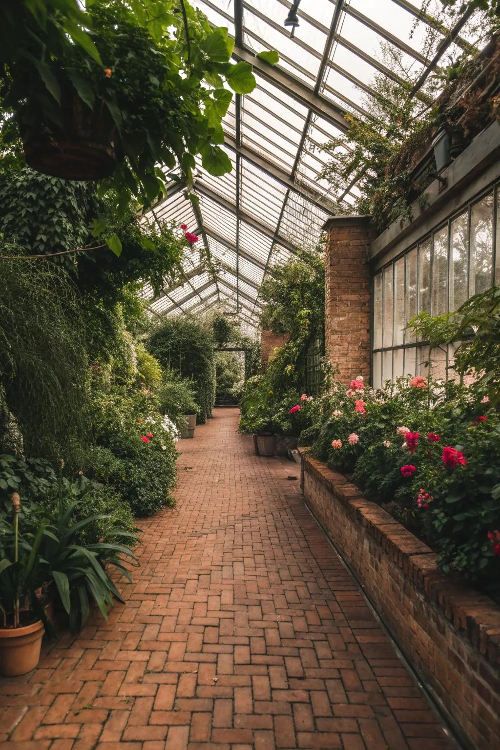 Brick flooring adds rustic charm and durability to this greenhouse.