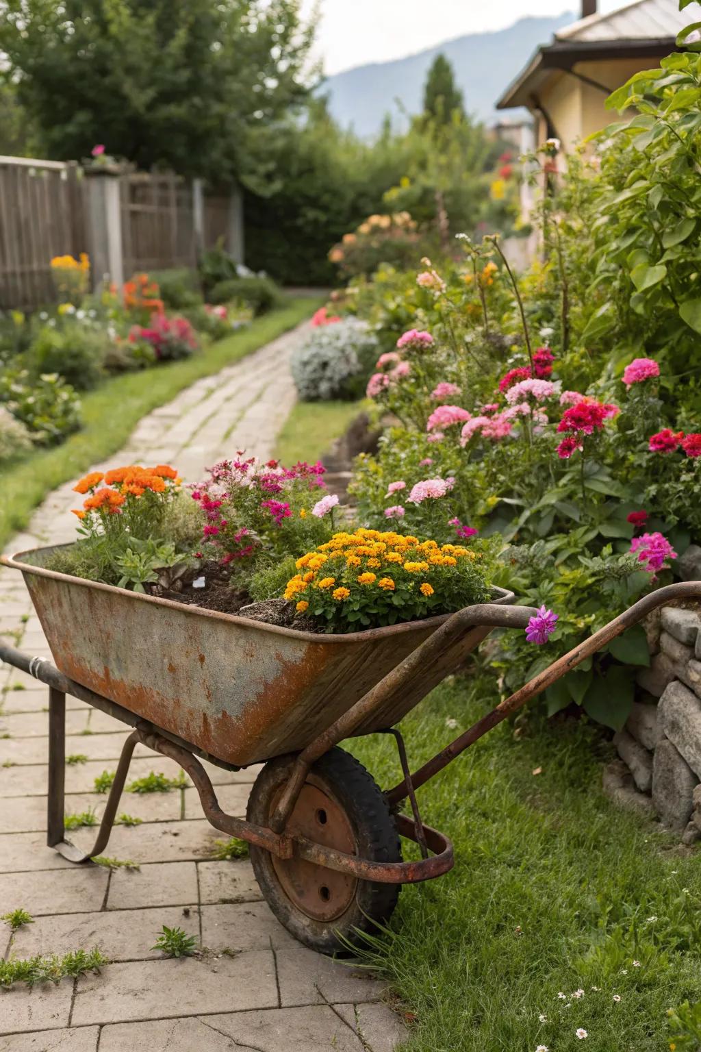 Wheelbarrow planters are quirky and practical.