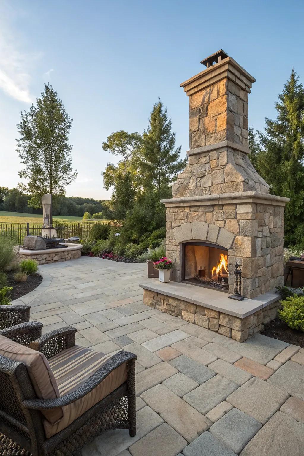 A fireplace that seamlessly blends with the patio design for a unified look.