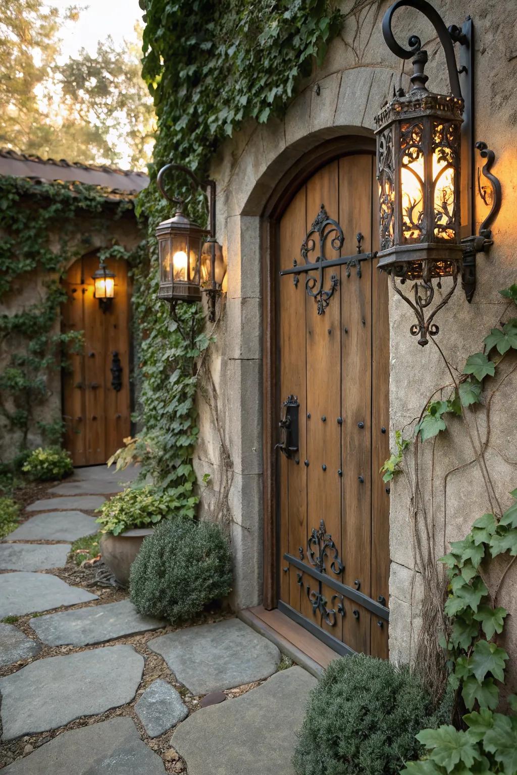 Iron sconces offering functional elegance to a rustic doorway.