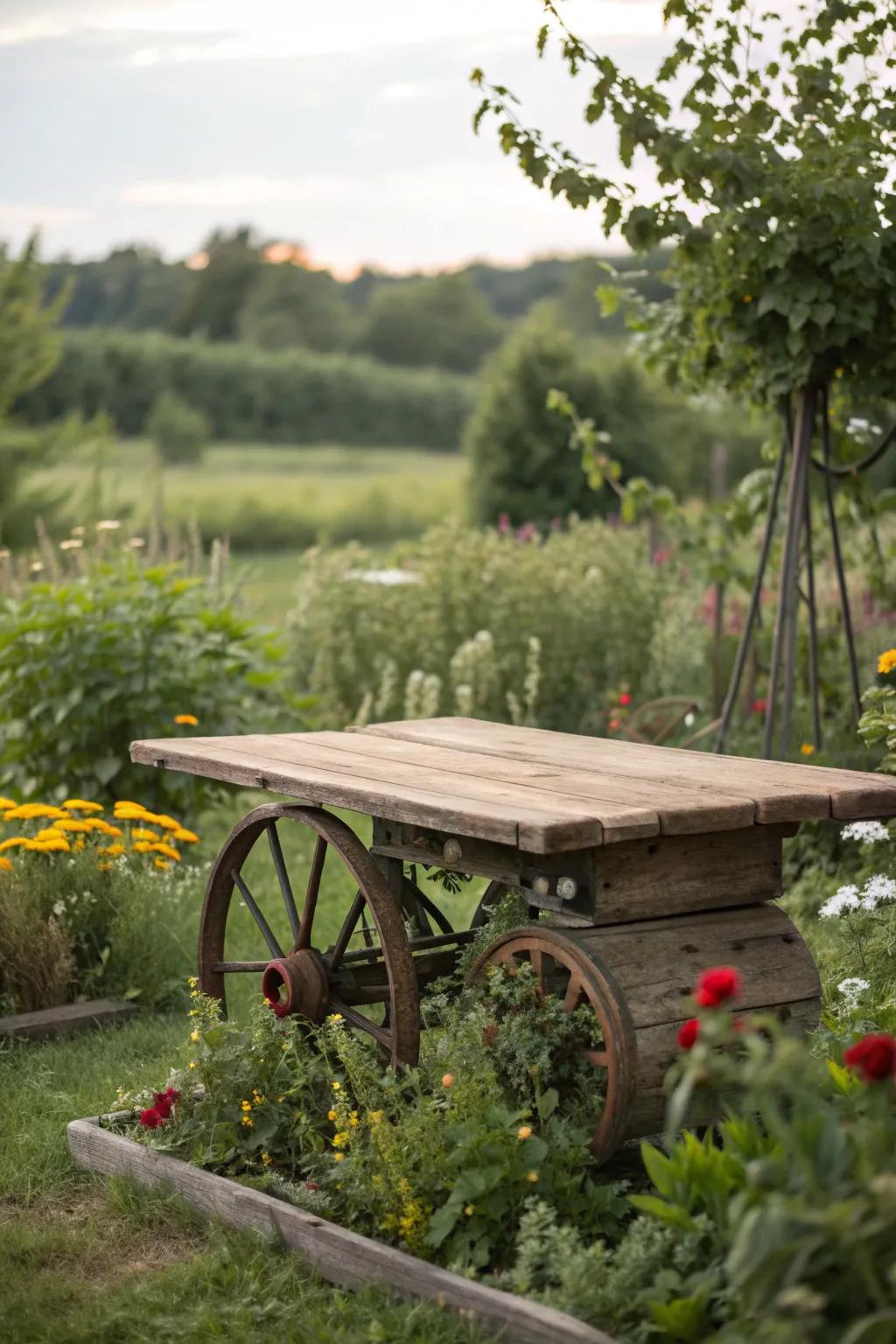 An imaginative table design using vintage farm equipment as a base for rustic charm.