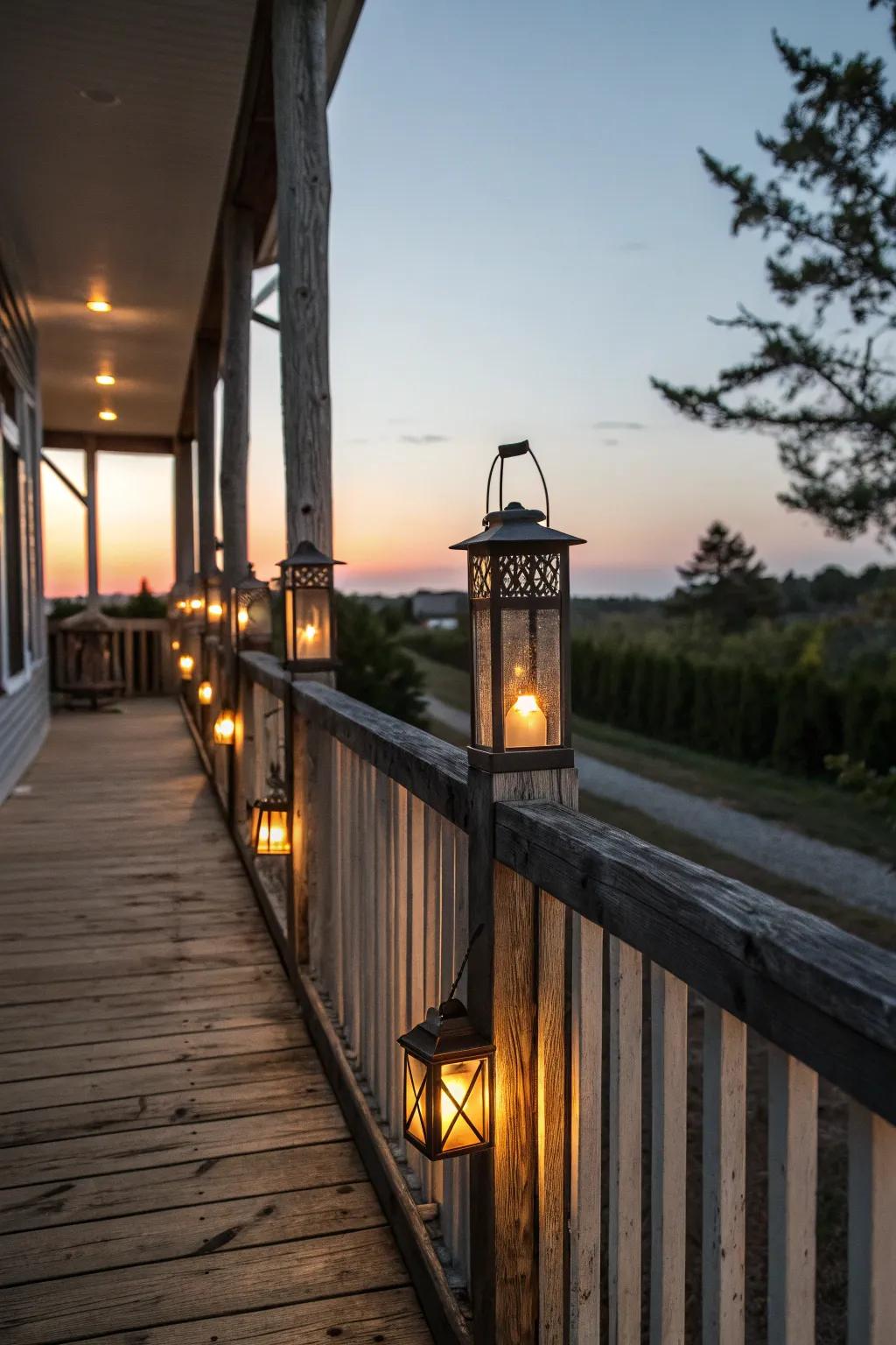 Lantern-studded railings offer warmth and ambiance.