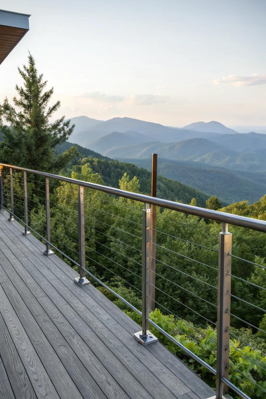 Steel cable railings offer a sleek profile with unobstructed views.