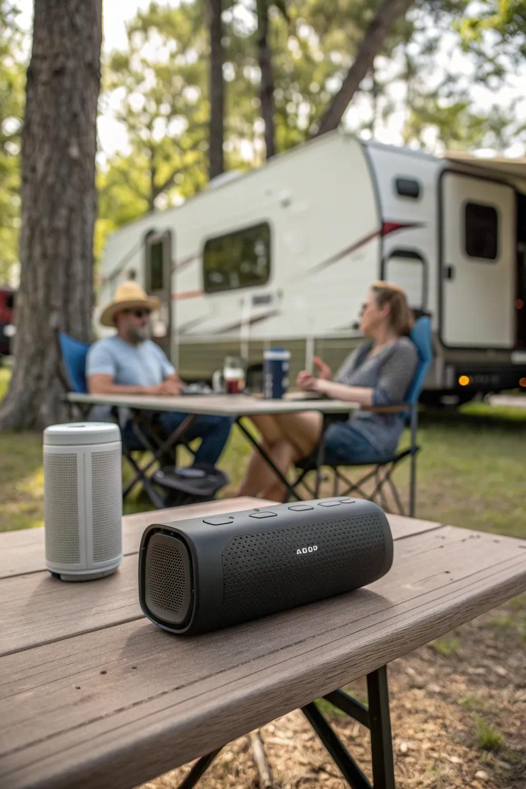 A Bluetooth speaker enhances the campsite atmosphere.